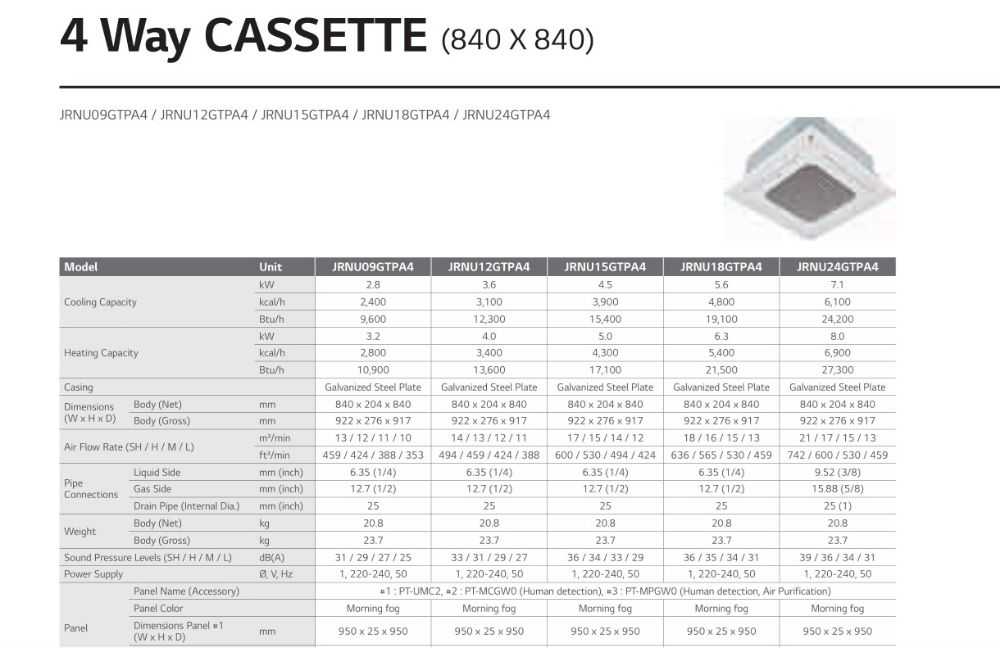 LG VRF Indoor units 4-Way Cassette Specifications